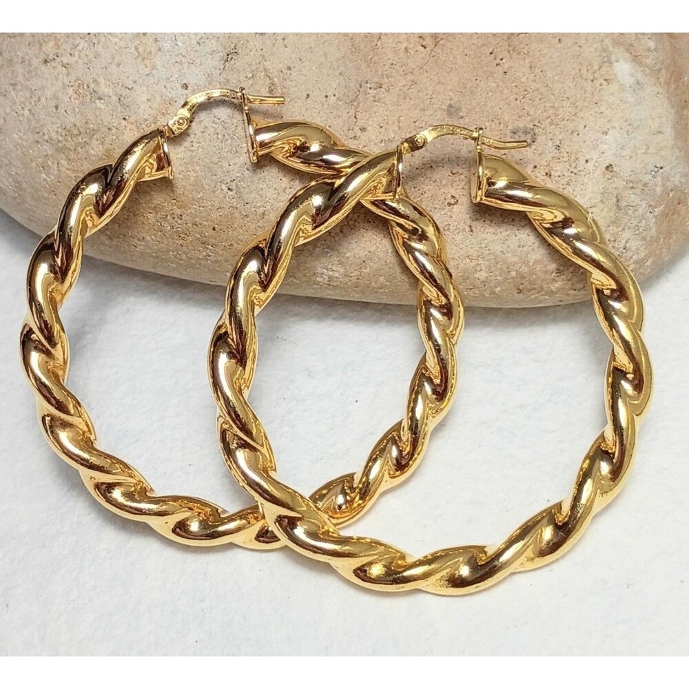 Vintage Italy 18K Yellow Gold Plate Bronze Twist Hoop Earrings Y2K 15.6gr
